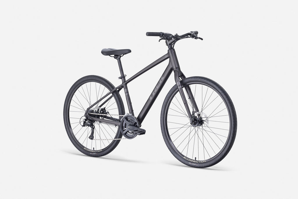 Trek Verve 1 step-over hybrid bike in Dark Web