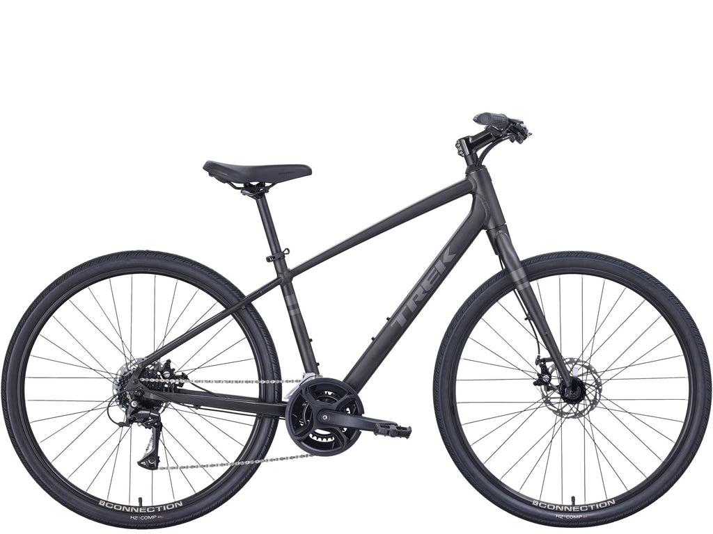 Trek Verve 1 step-over hybrid bike in Dark Web